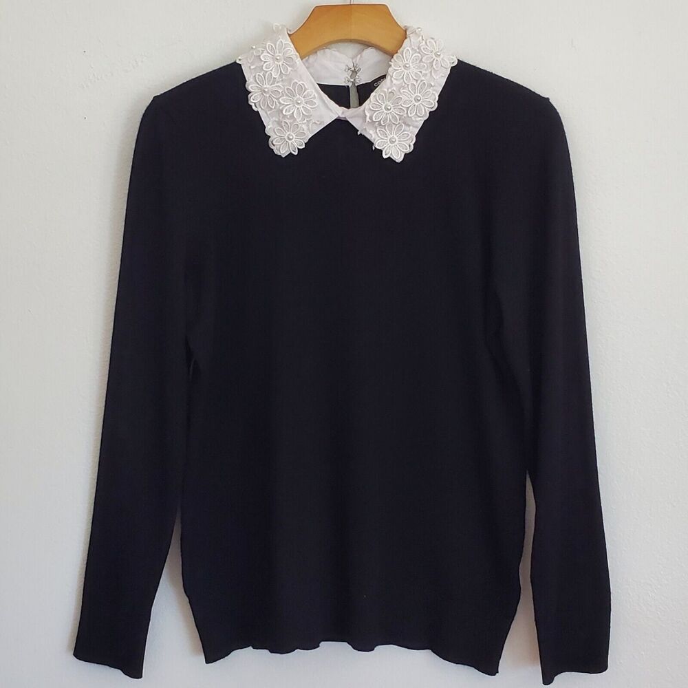 Cable & Gauge Black Sweater with White Lace Collar